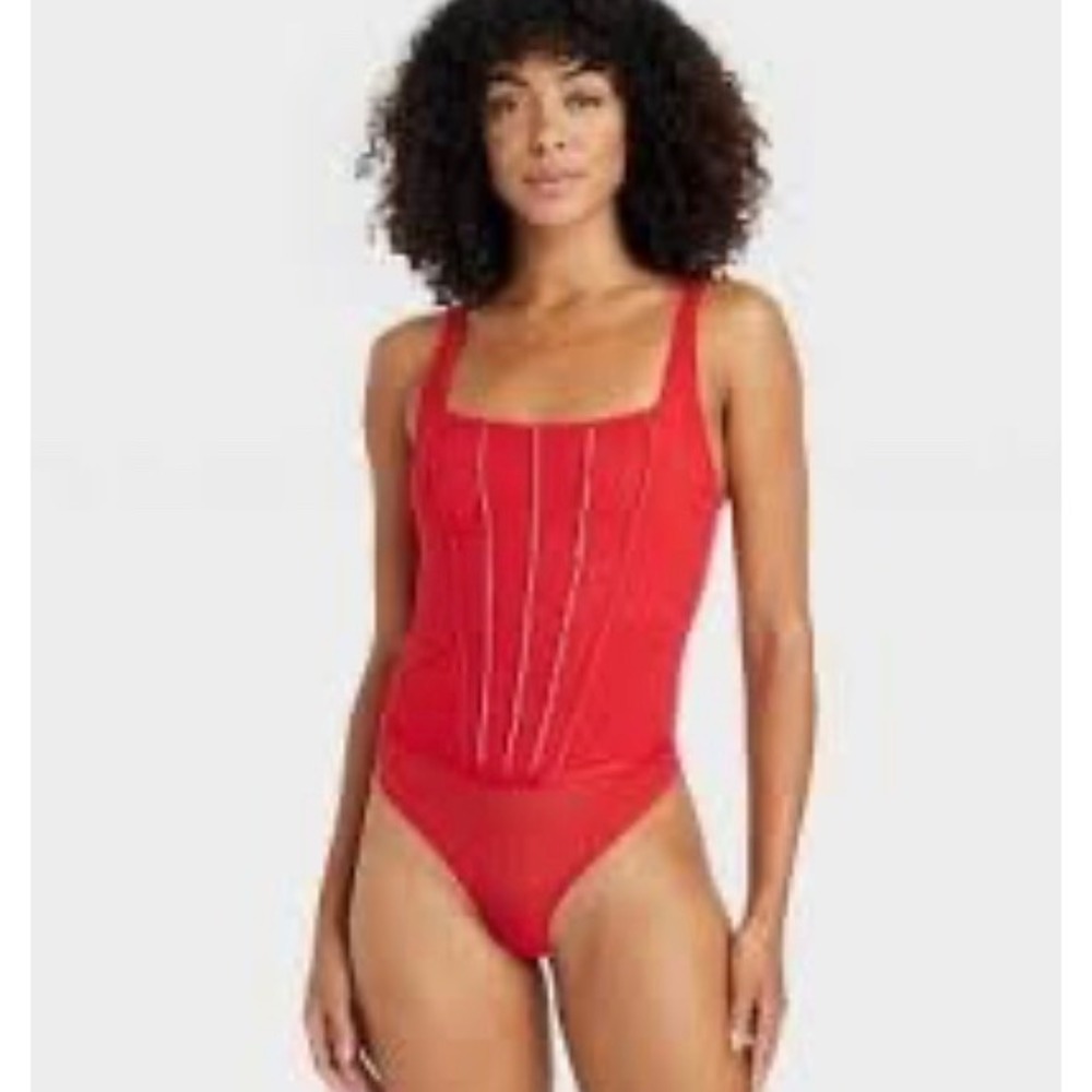 NEW Auden Red Lace‎ Unlined Rhinestone Studded Lingerie Bodysuit, XS